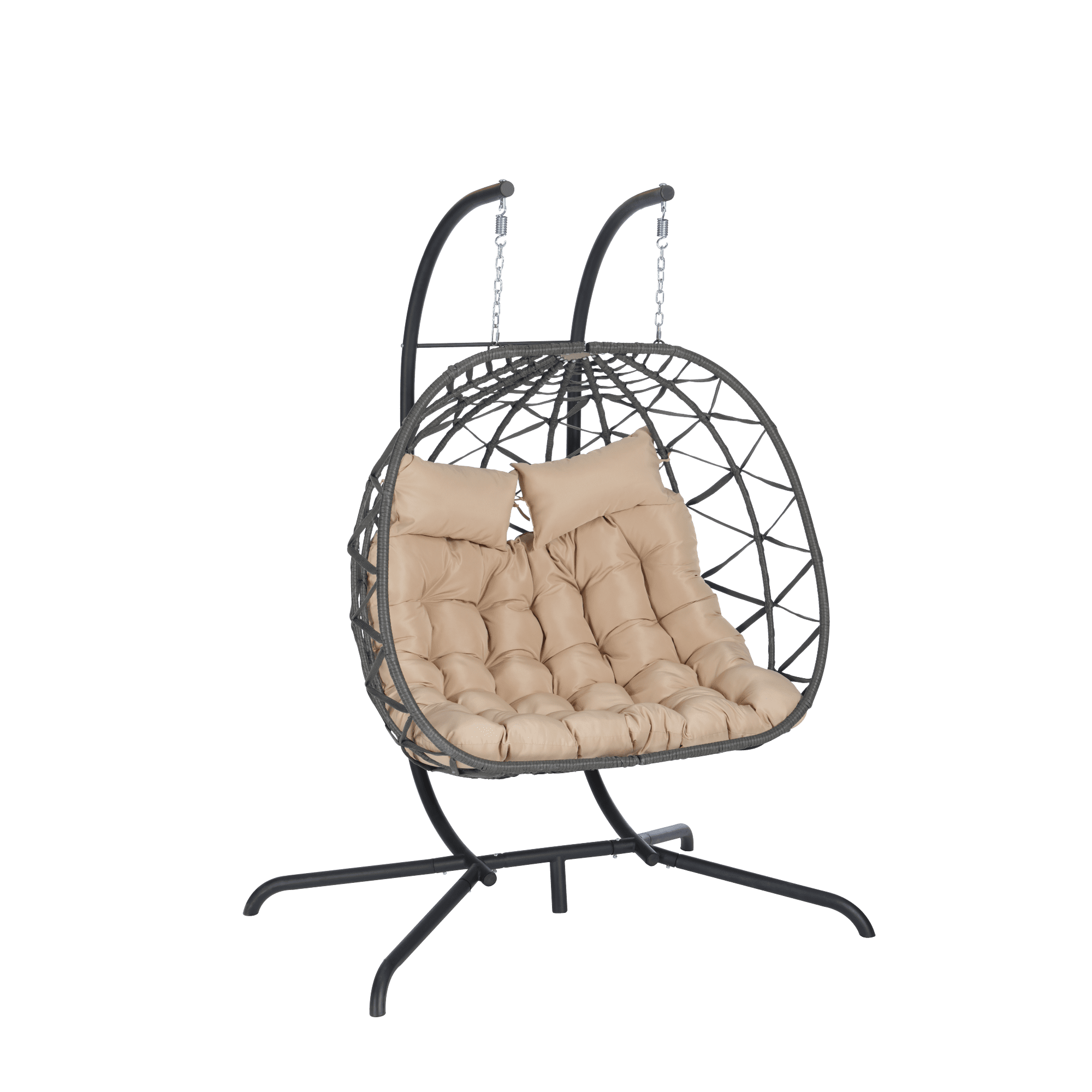 Leumius Double Egg Chair with Stand,Indoor Outdoor Wicker Swing Egg Hanging Chair with UV Resistant Cushions for Patio,Balcony,Porch,600 lbs,Khaki