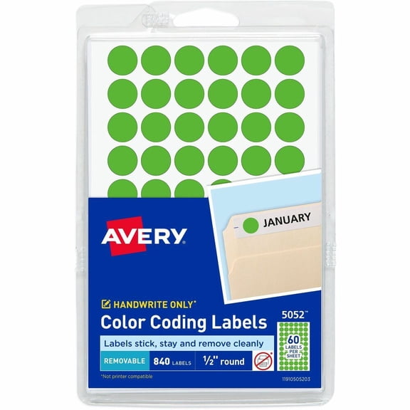 Avery Color-Coding Removable Labels, 1/2" Round Stickers, Neon Green, Non-Printable, 840 Dot Stickers Total (5052)