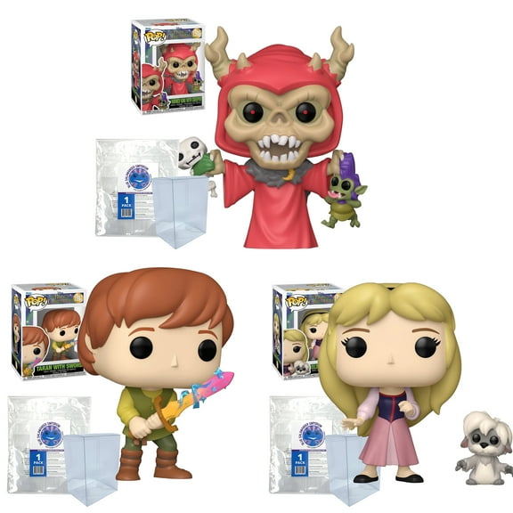 The Black Cauldron: Taran with Sword #1587, Eilonwy with Gurgi #1588, Horned King with Creeper #1586 Funko Pops   3 Blue Salamander Emporium Plastic Protector Cases