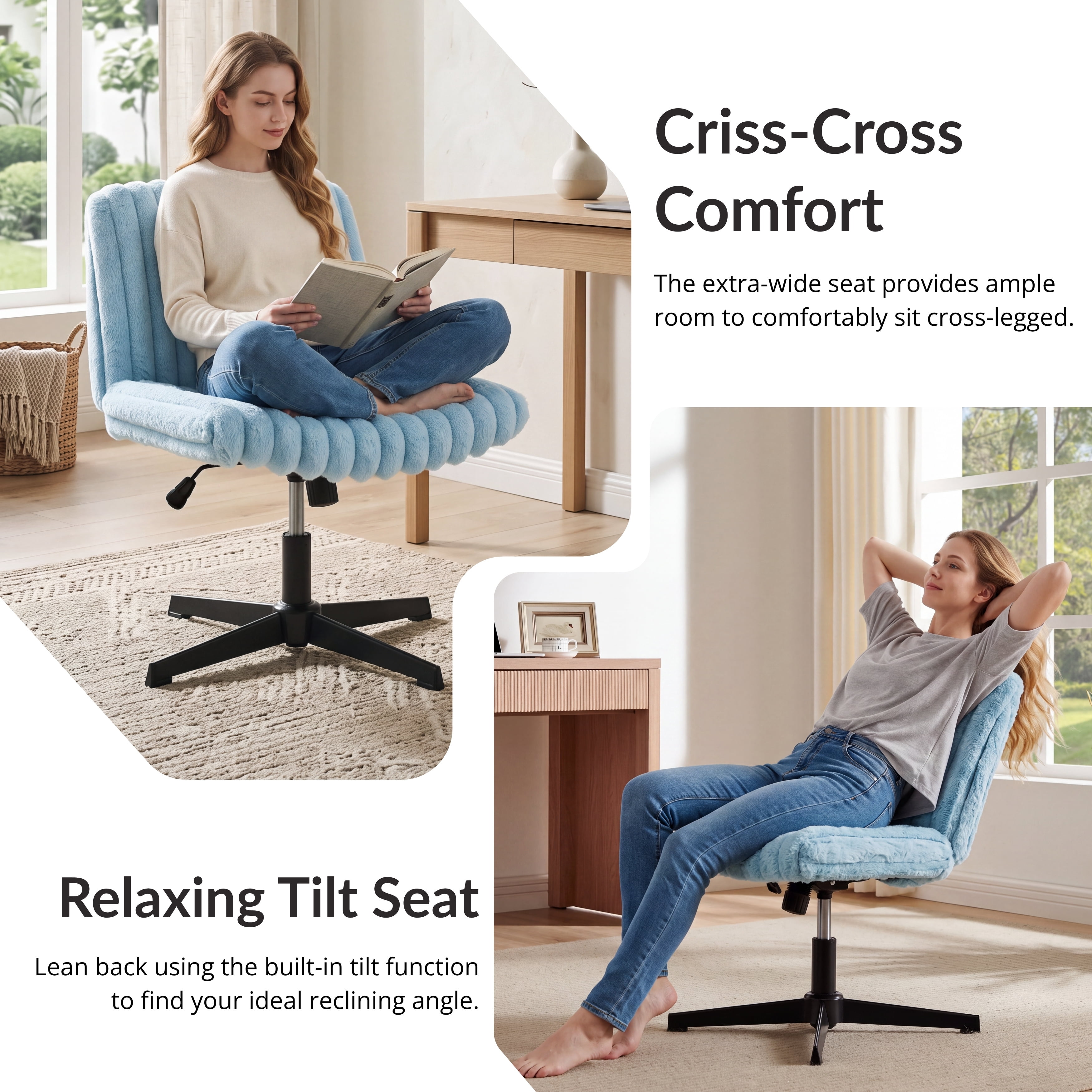 Roundhill Blynn Adjustable Swivel Criss Cross Chair, Wide Seat Office Chair Vanity Chair, Blue