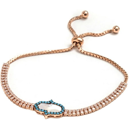 Pori Jewelers Clear and Blue CZ 18kt Rose Gold-Plated Sterling Silver Hamsa Friendship Bolo Adjustable Bracelet
