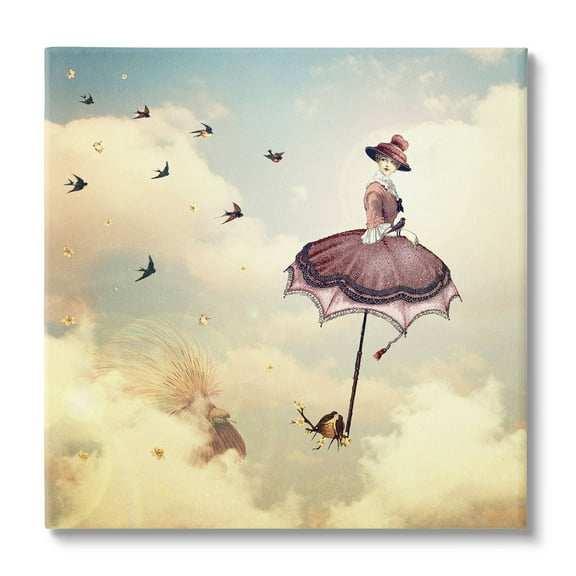 Birds Flying Surreal Woman Clouds Fantasy Illustration Animals & Insects Painting Gallery-Wrapped Canvas Print Wall Art