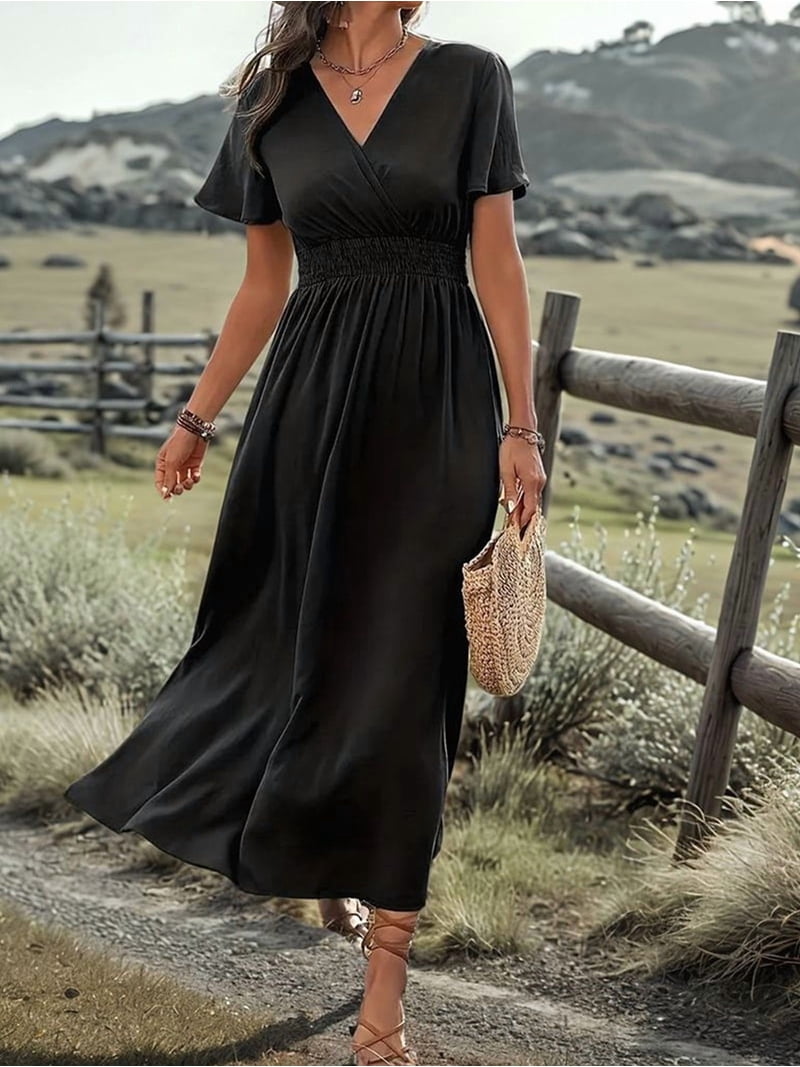 Women'S V Neck Maxi Dress Casual Vacation Short Sleeve Summer Dress Beach Boho Chic Day Gown Leopard Print L