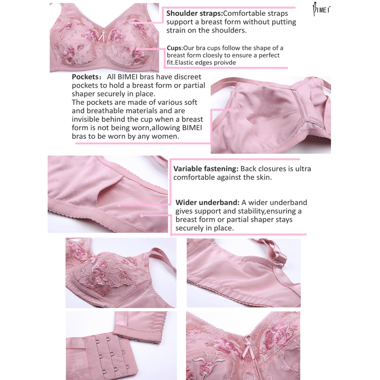 BIMEI Women's Mastectomy Pockets Wireless Post-Surgery Everyday Bra  8599,Pink,40B 