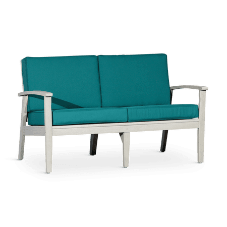 CoSoTower Eucalyptus Loveseat With Cushions, Driftwood Gray Finish, Dark Green Cushions