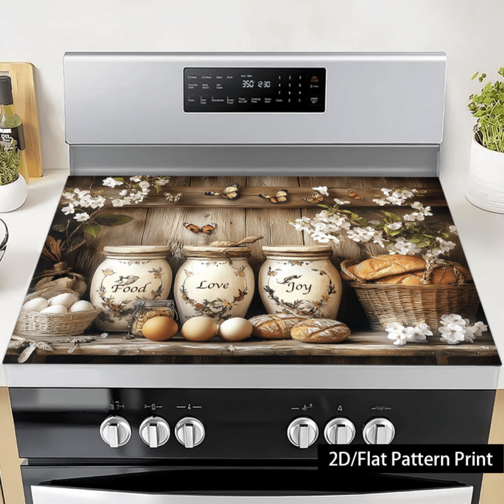 1 piece, stove panel and cooktop panel protection pad, 2D flat country garden jar and bread pattern kitchen decorative countertop pad, suitable for stoves, washing machines, dryers, coffee machines,