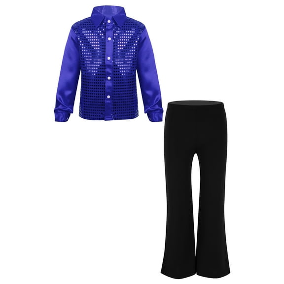dPois Boys Girls Sparkle Disco Performance Costume for Kids Hip Hop Jazz Dance Shirt with Flare Pants Blue 8