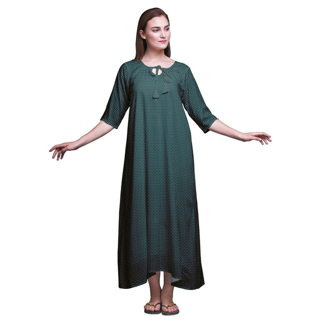 Bimba Bleu Sarcelle Foncé Feuilles Pois et Chemises de Nuit Imprimées Maxi Vêtements de Nuit pour Femmes Longue Robe de Nuit XXX-Large