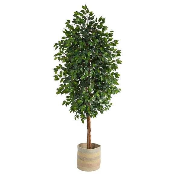 8' Artificial Ficus Artificial Trees in Wood Cotton Planter , by Nearly Natural