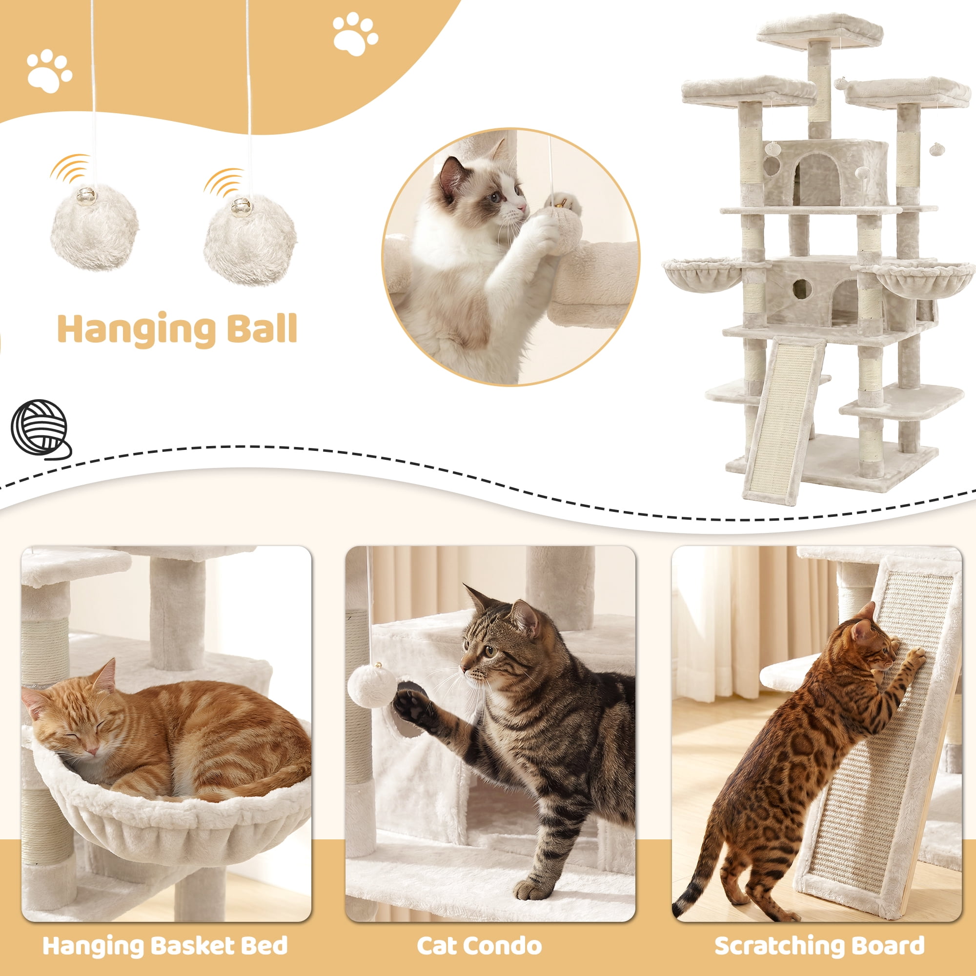 FOOWIN 70.8" Large Cat Tree, Multi-Level Cat Tower with Sisal Scratching Posts, Cat Activity Center Cat Play House, Beige
