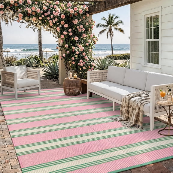 Striped Waterproof Outdoor Rug 8'x10' Pink and Green