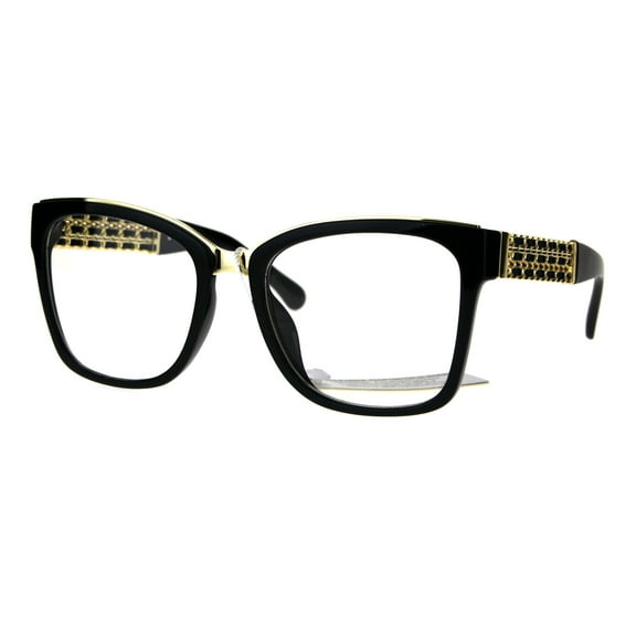 Metal Jewel Chain Arm Rectangular Plastic Frame Eye Glasses Black Gold