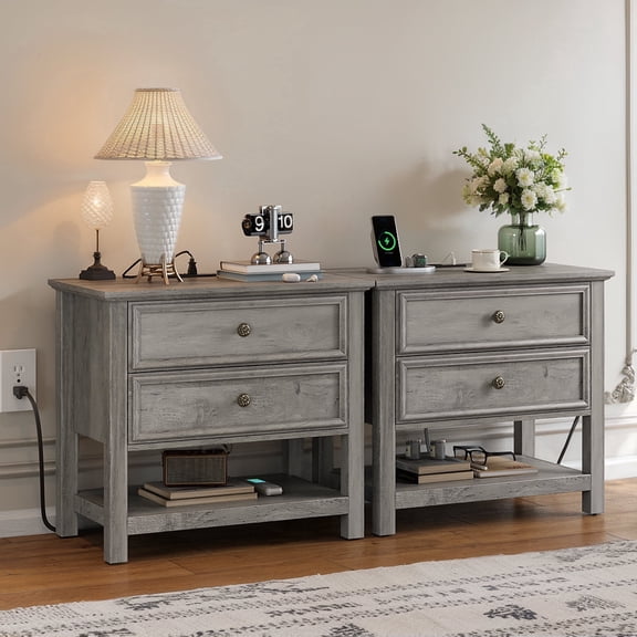HUJAUU 2 Drawer Night Stand Set of 2 with Charging Station, Farmhouse Wood Nightstand with Open Shelf, Storage Cabinet for Bedroom, living Room, Gray