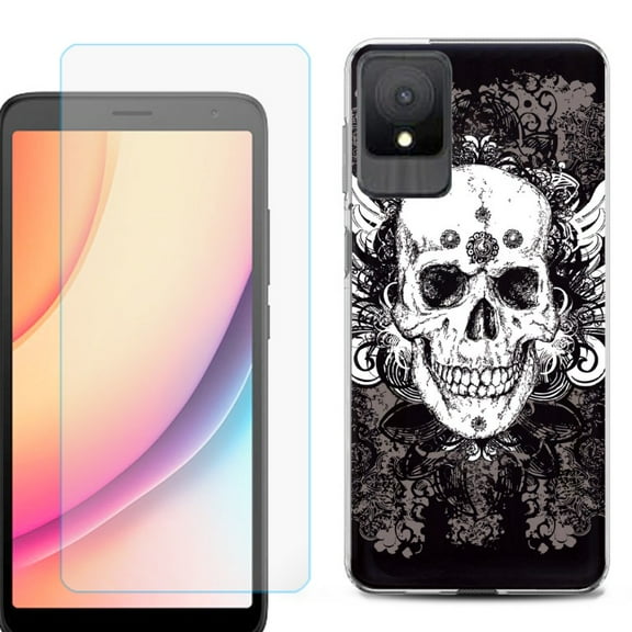 For TCL K11 Phone Case Cover, Shockproof Case with Tempered Glass Screen Protector, by OneToughShield - Grunge Skull