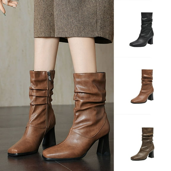 LOVZFMLL Boots for Women Mid Calf Stovepipe Boots Square Toe Slip Resistant Mid Block Heel Crinkle Fall Winter Fashion