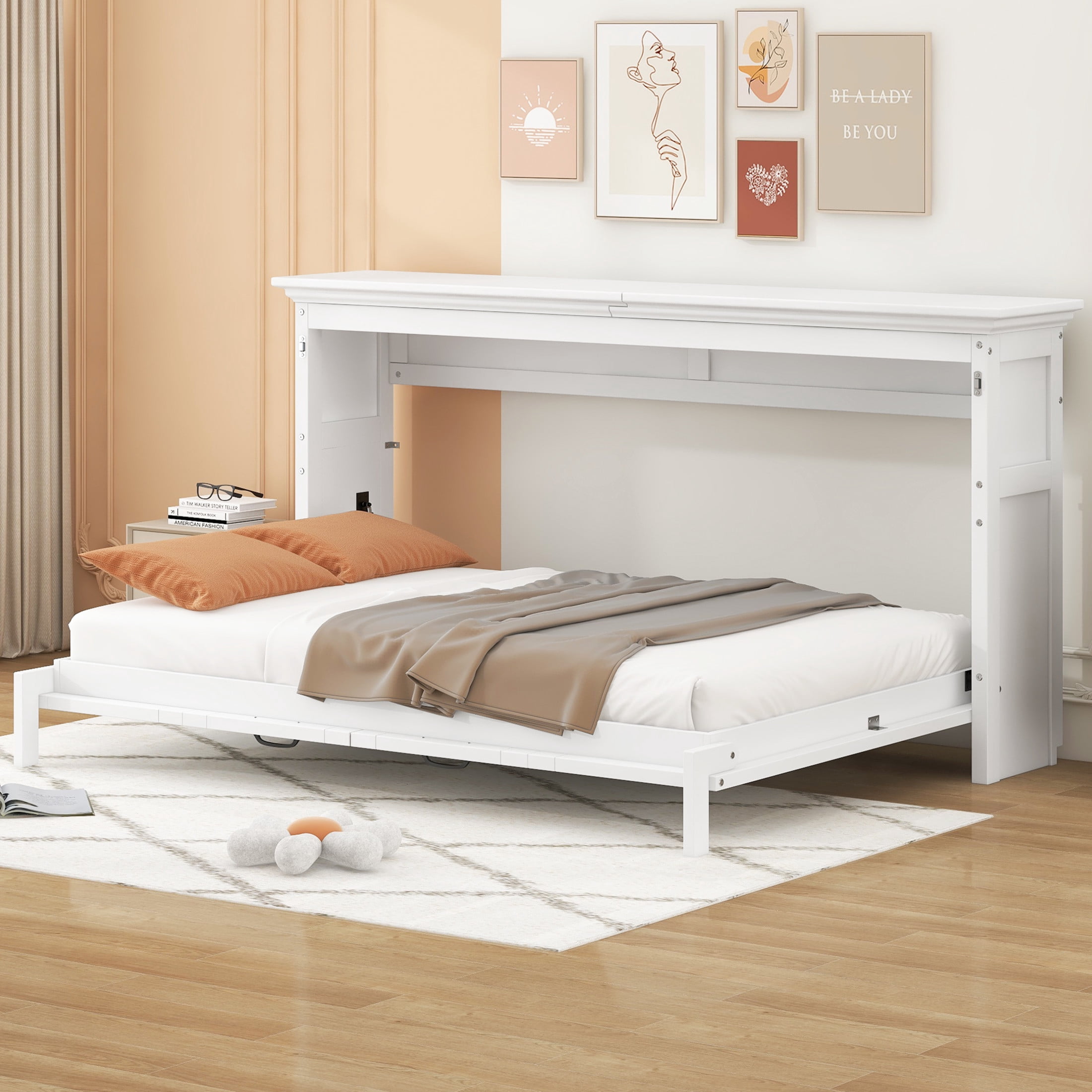 Noble House Halden Twin Size Pine Wood Murphy Bed, Hidden Foldable Wall Bed Cabinet with Slat Support, White
