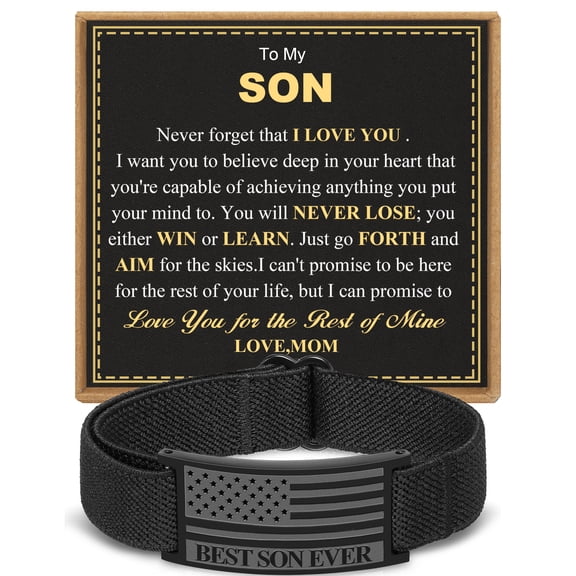 HEYOLL Black American Flag Bracelets for Men to My Son Gifts from Mom Stainless Steel Military Army Bracelet Birthday Valentines Day Jewelry Gifts Teen Teenages Son Tween Preteen Him Age Ideas
