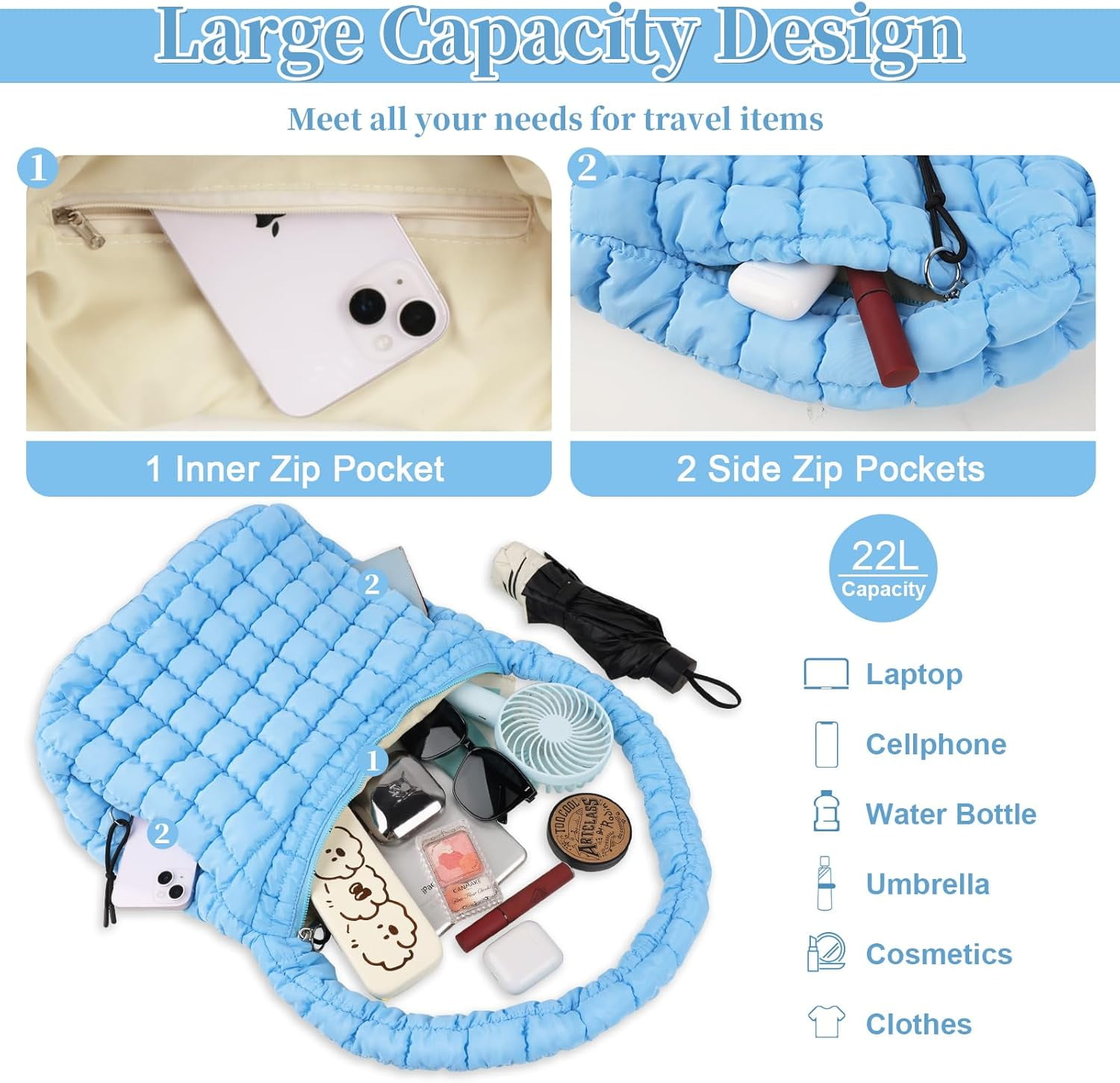 Lohol Quilted Puffer Tote Bag for Women - Large Crossbody Bag, Lightweight Nylon Puffy Carryall Hobo Puff Shoulder Bag-Blue