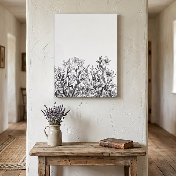 Ships Next Day Canvas Wall Art 16"x24", Wildflower Leaf Wood Framed Canvas Print Painting, Grey Floral Botanical White Watercolor Ready to Hang Picture Wall Decor for Home Bedroom Living Room Dining