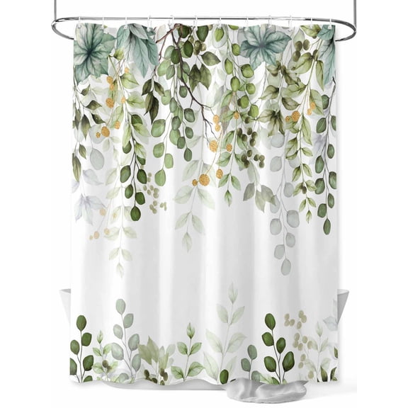 Sage Green Eucalyptus Leaf Shower Curtain, Botanical Spring Summer Floral Bathroom Decor Curtains Set with Hooks, White Waterproof Fabric Home Accessories， 60 X 72 Inch Long
