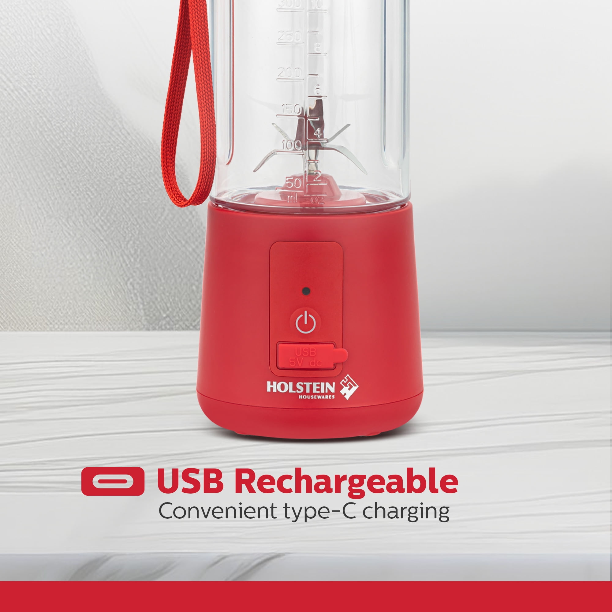 Holstein Housewares Red USB Portable Blender, 16oz, Rechargeable with Type-C Charging, Spill-Proof Lid