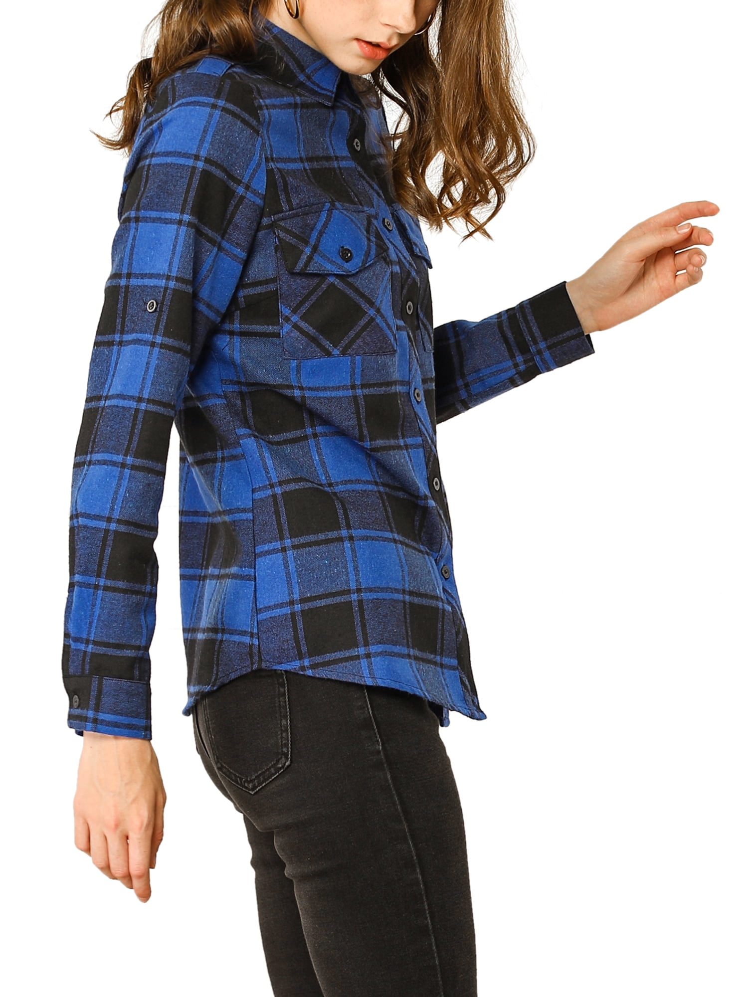 Unique Bargains Women's Halloween Costume Check Roll Up Sleeves Button Down Shirt