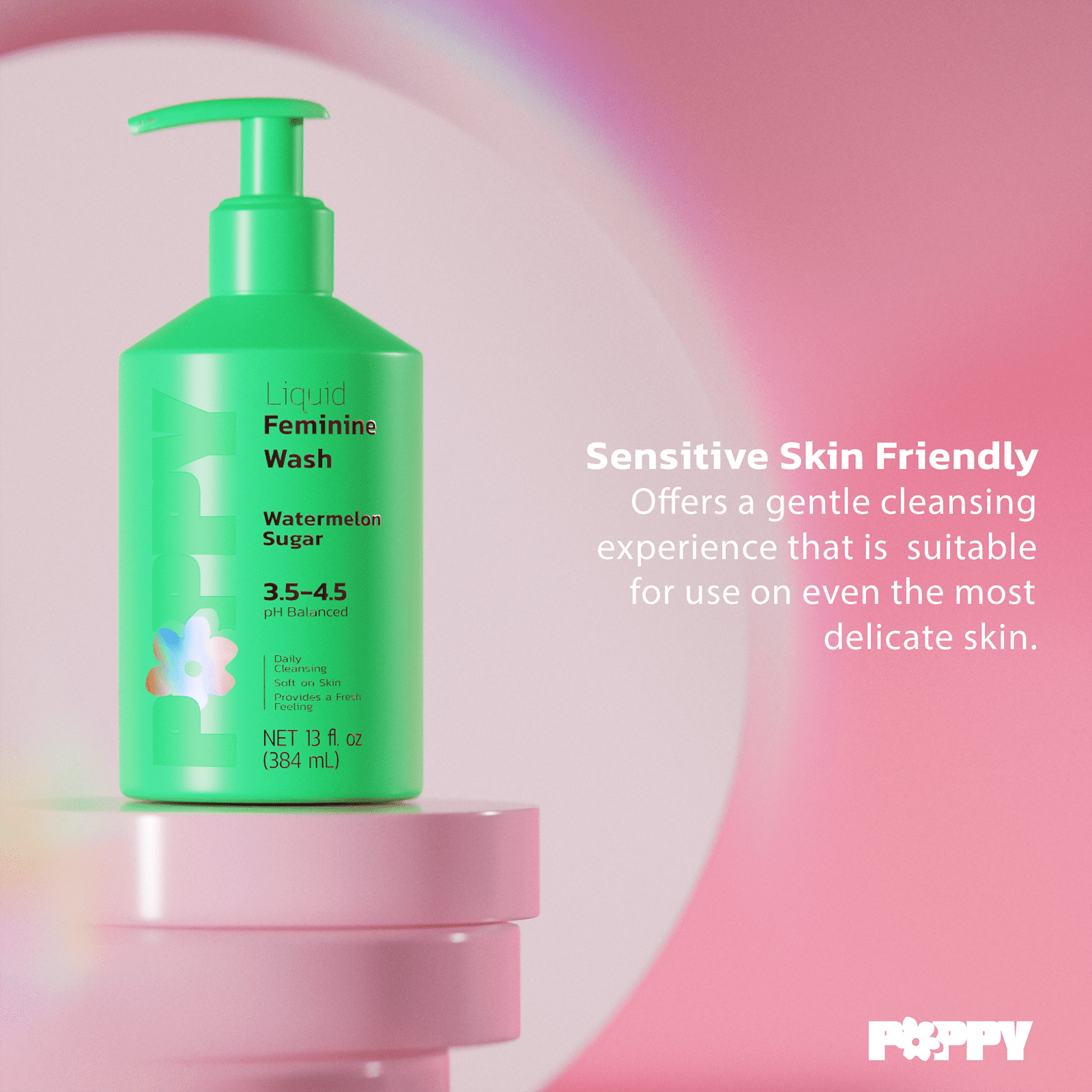 Poppy Intimate Feminine Wash, pH Balance Female Hygiene Cleansing Wash, Watermelon Sugar Scent, 13 fl oz