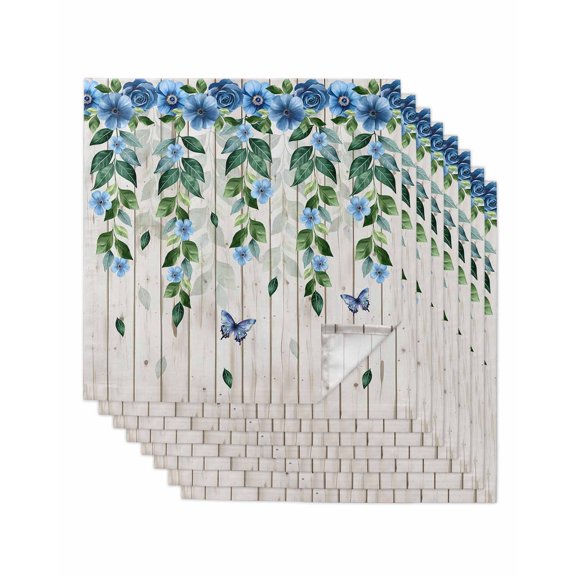 nqOlkjepod Blue Floral Spring Cloth Napkins Set of 8 Reusable Dinner Napkins, Summer Farmhouse Botanical Wooden Cocktail Napkin Washable Table Napkins for Wedding/Holiday Party/Baby Shower 20"x20"