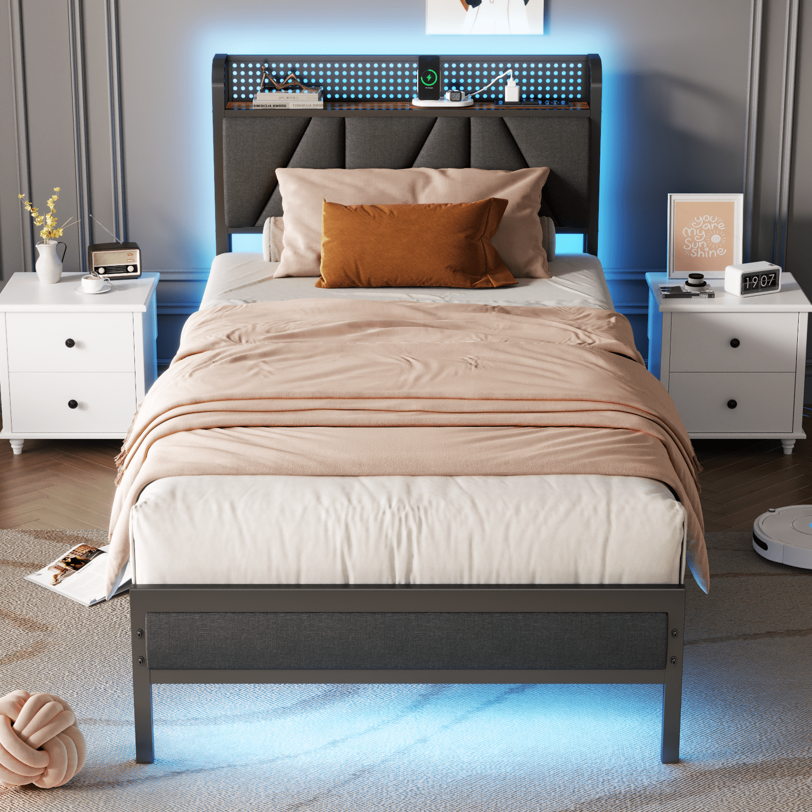 Satifur Twin Bed Frame with Upholstered Storage Headboard, Metal Platform Bed Station with Charging Station & LED, Noise-Free.No Box Spring Needed