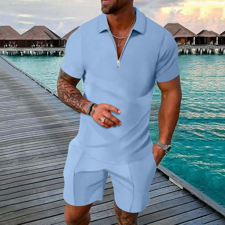 Mens Polo Shirt and Shorts Set 2 Piece Summer Outfits Loose Fit Joggers Relaxed Fit Fashion Quarter Zip Short Sleeve Polo Tracksuit for Men Mens 2 Piece Short Set Mens 2024 Summer