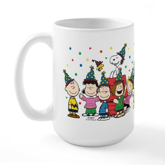 CafePress - Peanuts Gang Birthday - 15 oz Ceramic Large White Novelty Mug