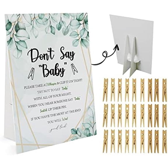 Greenery Don't Say Baby Game (1 Sign and 50 Mini Natural Clothespins) - Baby Shower Decorations, Games Gender Neutral, Green Leaves (DS26)$$Home Decor, Kitchen, & Other