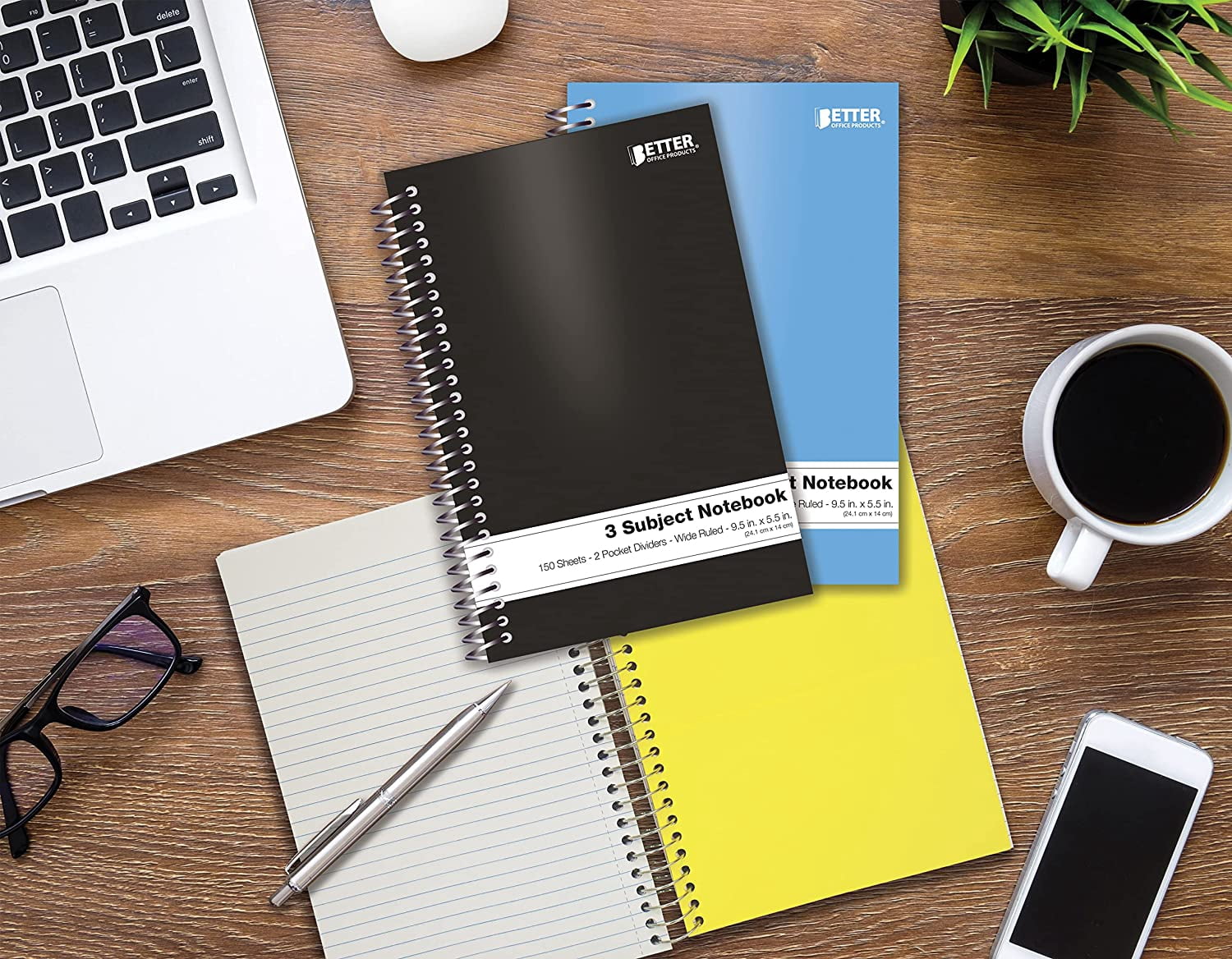 3 Subject Spiral Notebooks, 9.5 x 5.5 inch, 6 Pack, 150 Sheet Notebook with 2 Double-Sided Pocket Dividers, Assorted Solid Color Covers (College Ruled)