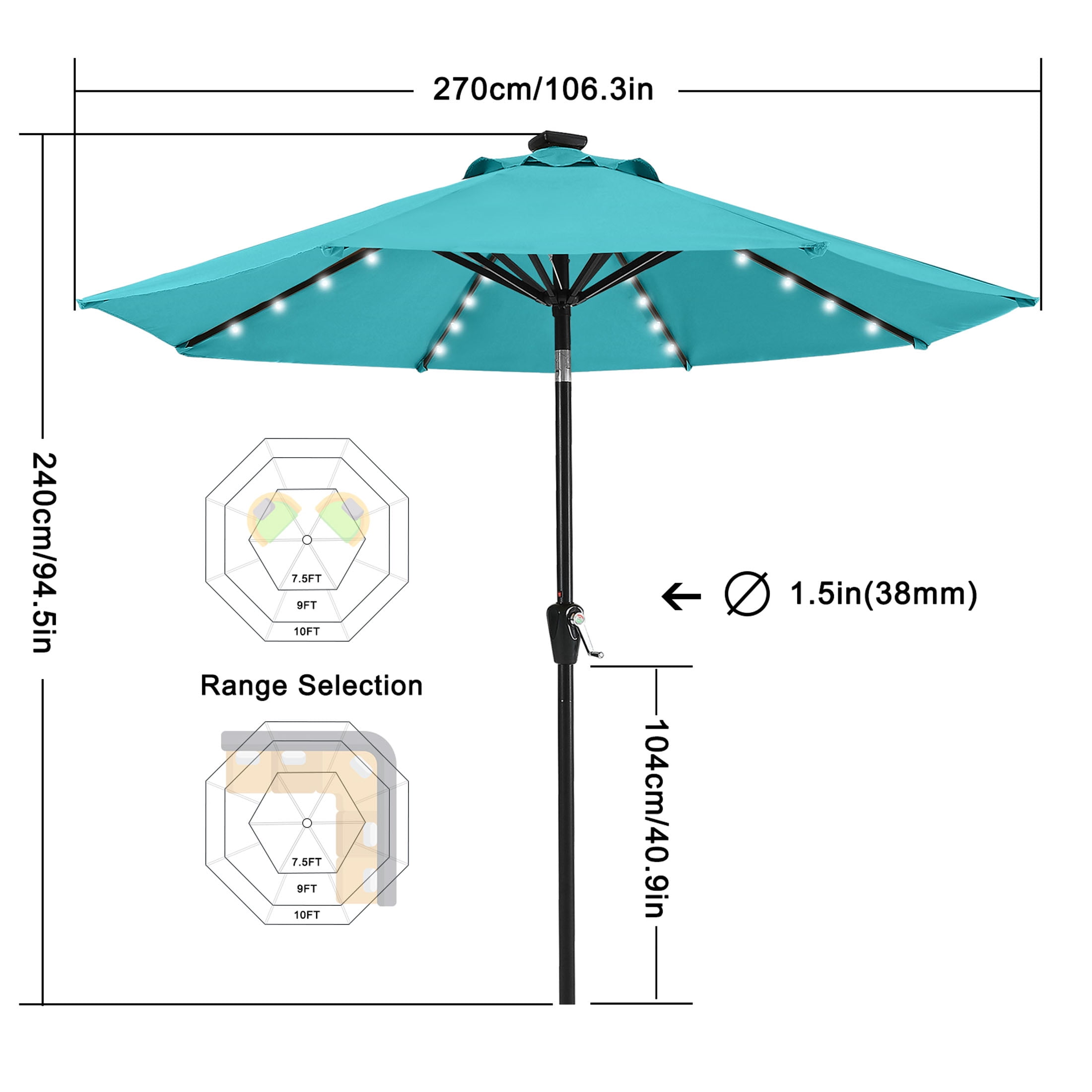 MASTERCANOPY 9ft Solar Patio Umbrella with LED Lights Tilt and Crank, Turquoise