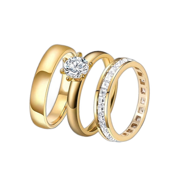 APIPEE Women's Circle Solitaire Engagement & Wedding Ring Set 14K Gold-Plated with White Cubic Zirconia, Size 10, 3 Pieces, Gift Boxed