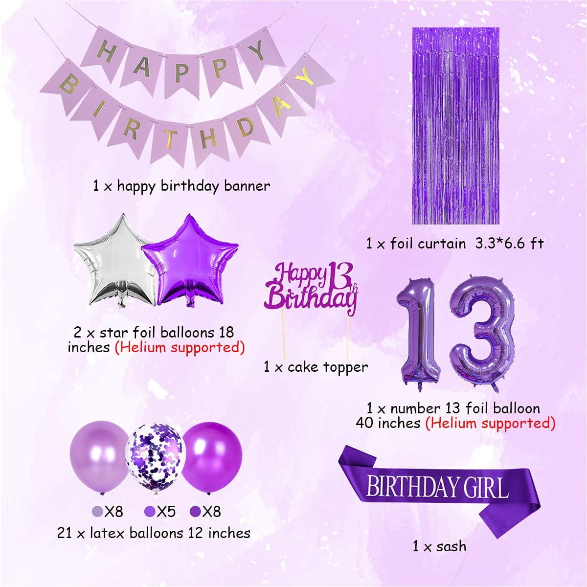 Purple 13th Birthday Decorations for Girls 13 Year Old Birthday Decorations Happy 13th Birthday Cake Topper Party Supplies Purple Number 13 Foil Balloon