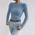 thumbnail image 2 of BLVB Women's Fall Spring Long Sleeve Shirts Casual Crew Neck Ruched Slim Fitted Going out Crop Tops, 2 of 9