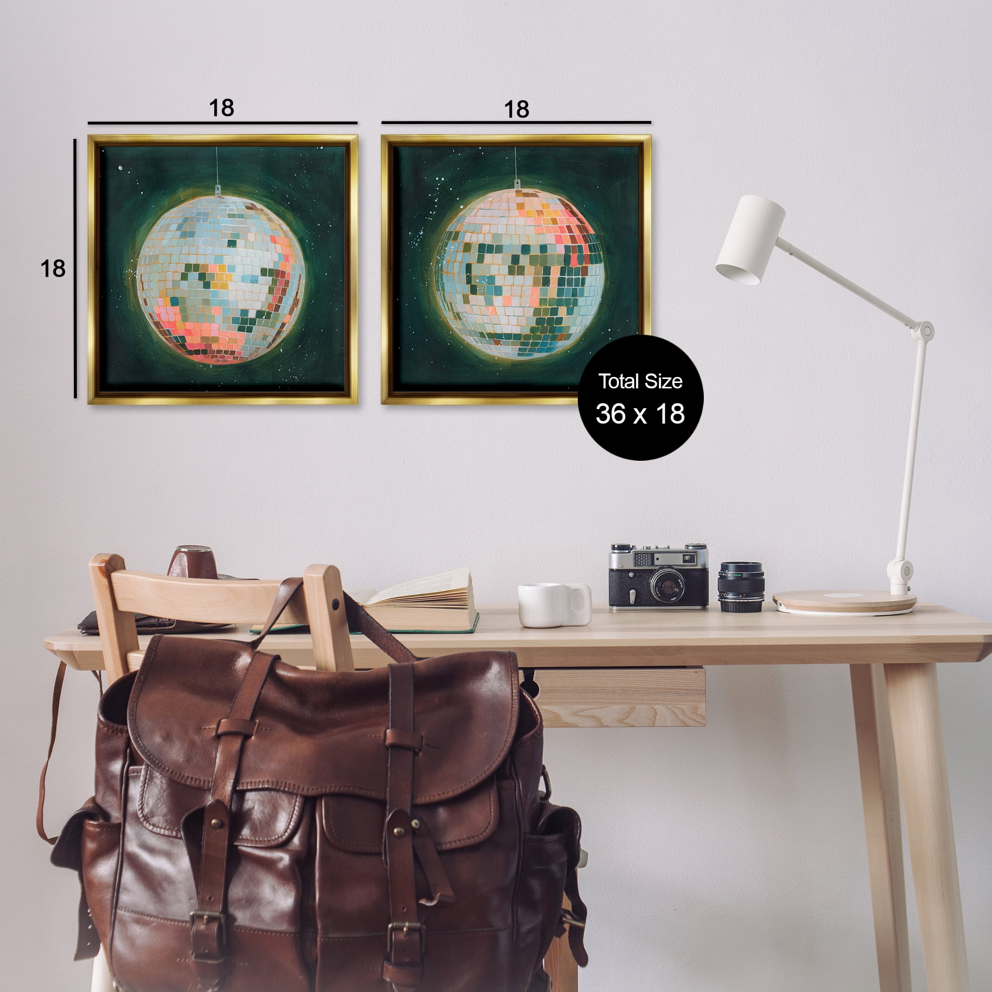 Stupell Industries Disco Balls with Vivid Hues Entertainment Painting Gold Floater Framed Canvas Art Print Wall Art, 18 x 18, Set of 2