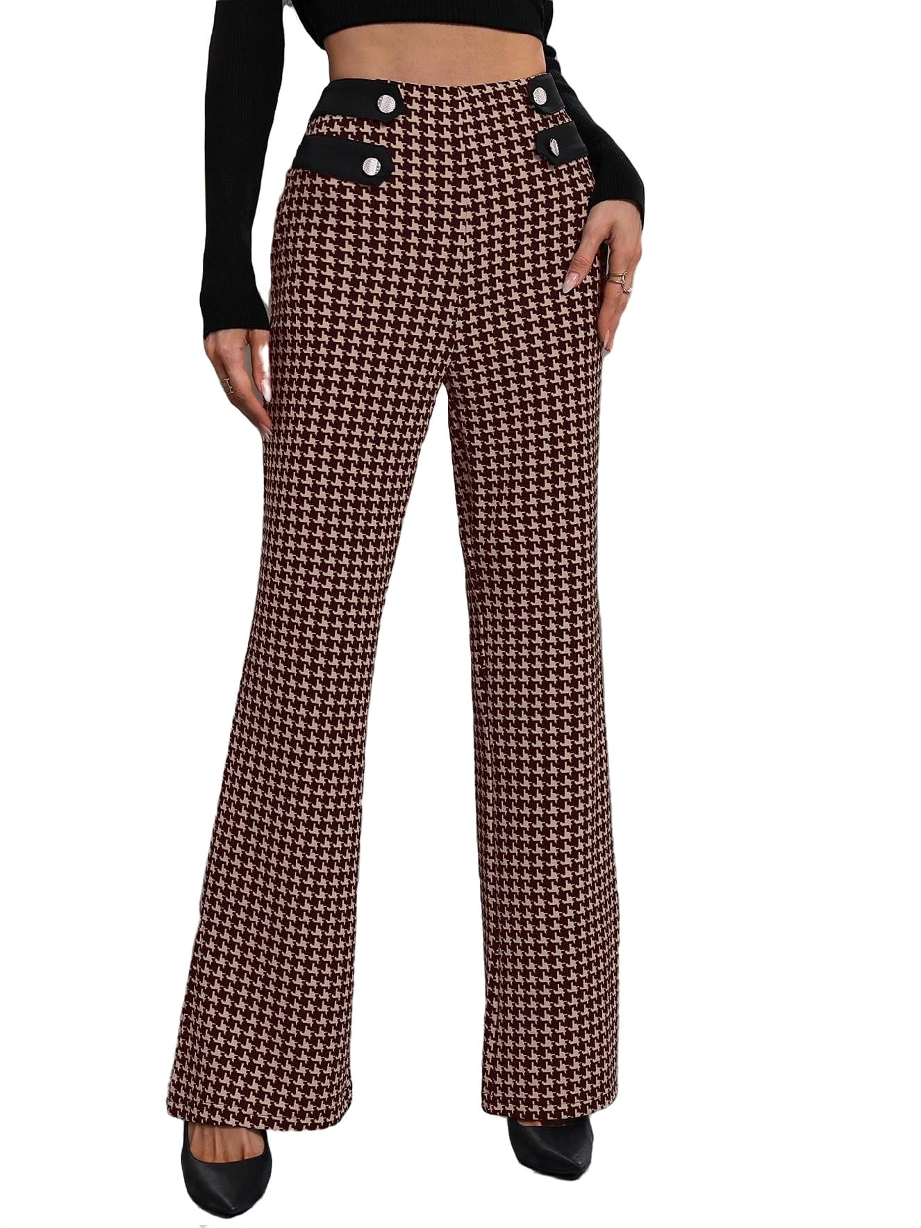 Elegant Houndstooth Flare Leg Coffee Brown Women's Pants (Women's