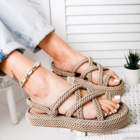

〖Yilirongyumm〗 Beige 39 Sandals Women Bohemian Sandals For Women Flat Linen Rope Platform Female Open Toe Slip-On Shoe