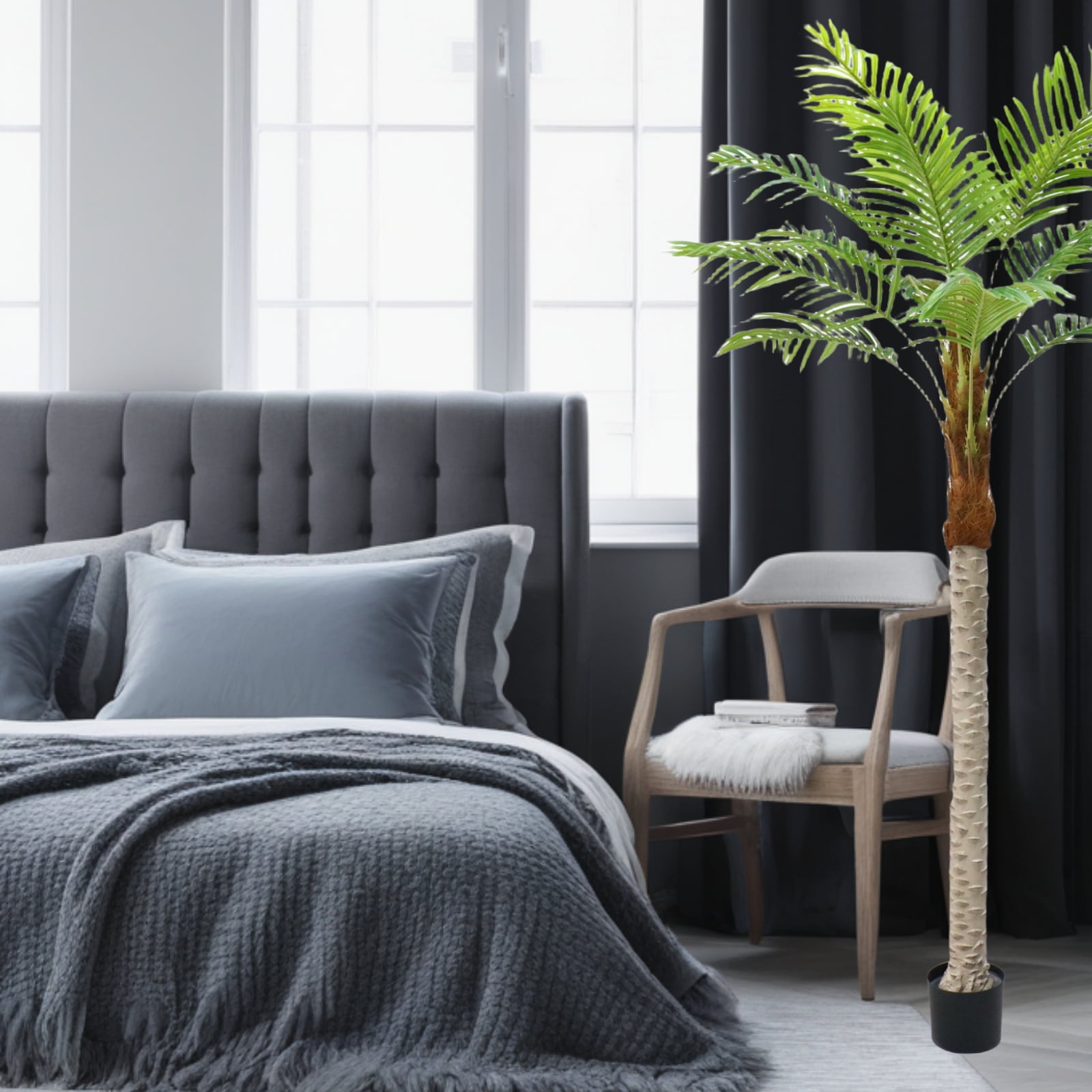 2pcs Artificial Palm Tree, 7ft Tall Artificial PhoenixPalm Tree, Outdoor Indoor Decor Fake Plants with 15pcs Adjustable Leaves, Artificial Tropical Coconut Tree in Pot for Patio, Poolside Decor