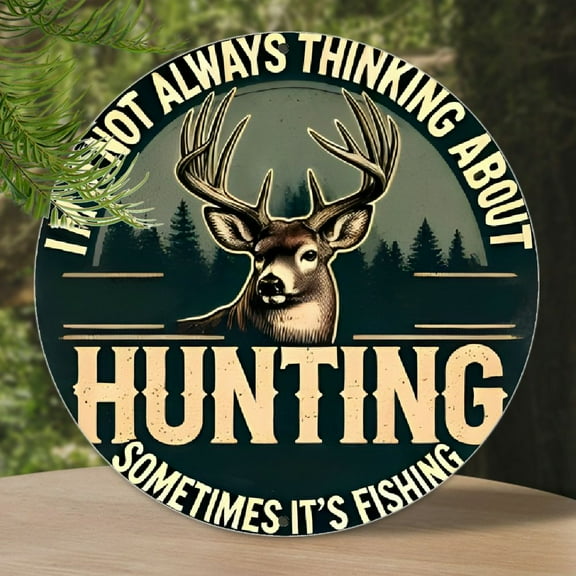 1pc Rustic Aluminum Metal Sign, 8x8 inch Round Wall Art with Deer Hunting & Fishing Design, Durable Home & Office Decor, Ideal for Living Room, Bar, Cafe, Indoor & Outdoor Use