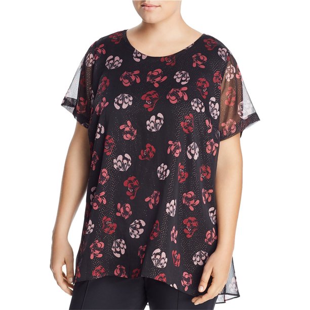 Vince Camuto Blusa tipo túnica alta/baja con estampado floral para mujer, negro, 1X