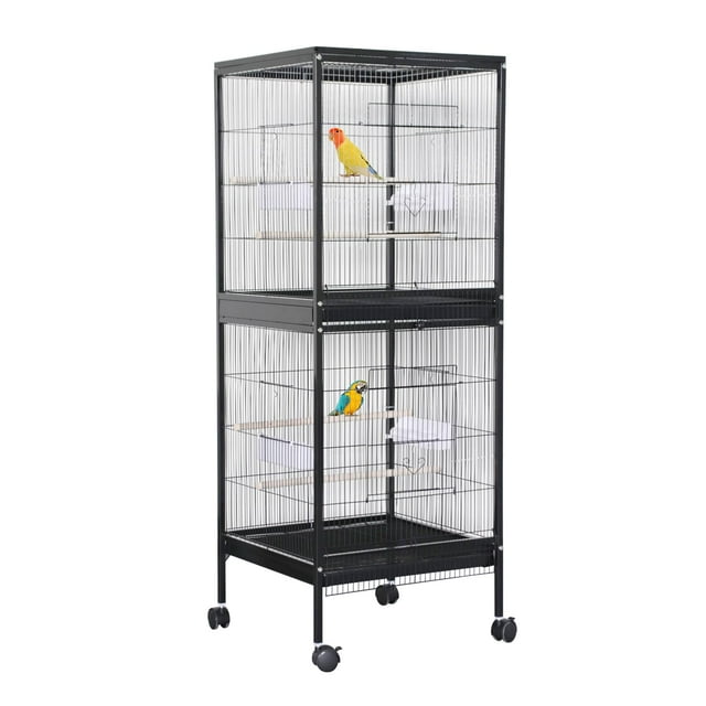 Garvee 55-Inch Double Stackable Bird Cage, Rolling Stand, Large Wrought Iron Aviary with Pull-Out Tray & 4 Access Doors, Open Play Top with Wooden Perches for Parakeets, Canaries