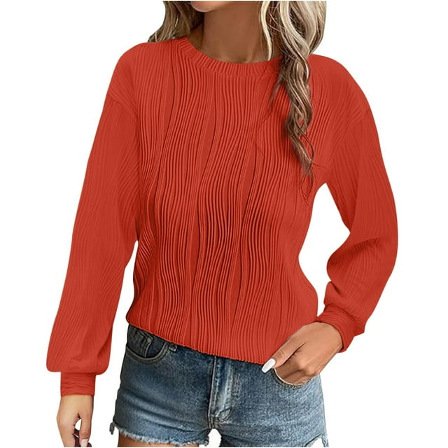 Dagugfen Blouses pour Femmes Habillées Décontractées Texturées Manches Longues Col Rond Ample Vêtements de Travail Décontractés Automne