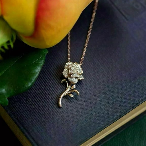 0.50Ct Round Moissanite Belle Rose Flower Pendant Necklace 14K Rose Gold Plated