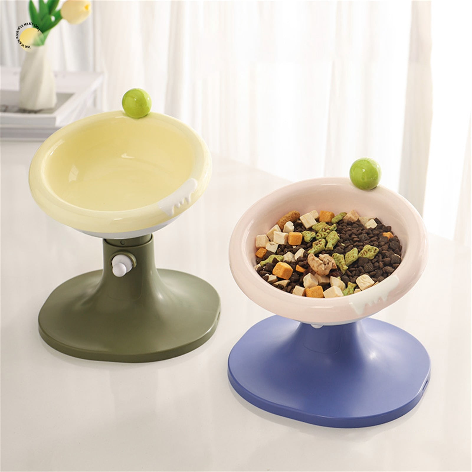 Adjustable Elevated Cat Bowls - Ceramic Raised Cat Food & Water Dishes with Tilted Design, Whisker-Friendly & Anti-Vomit Feeding Bowls for Cats & Kittens