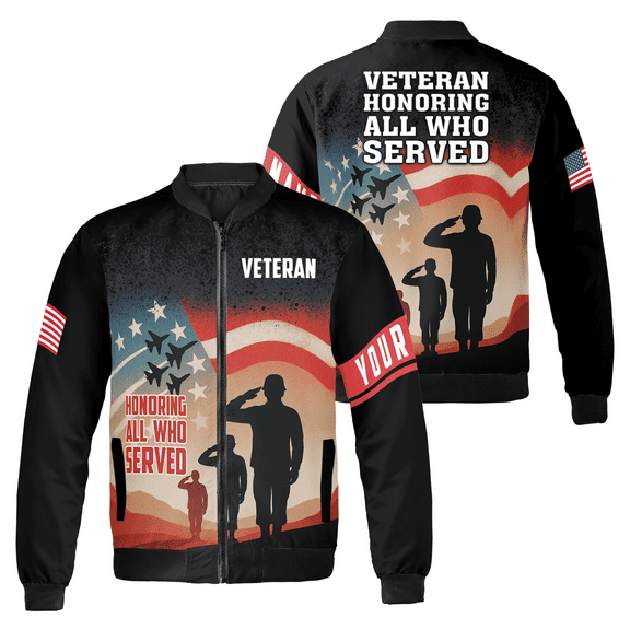 Veteran Honoring All Who Served Bomber Jacket – Patriotic American Flag Military Tribute – Saluting Soldier Zip-Up Jacket for Men & Women