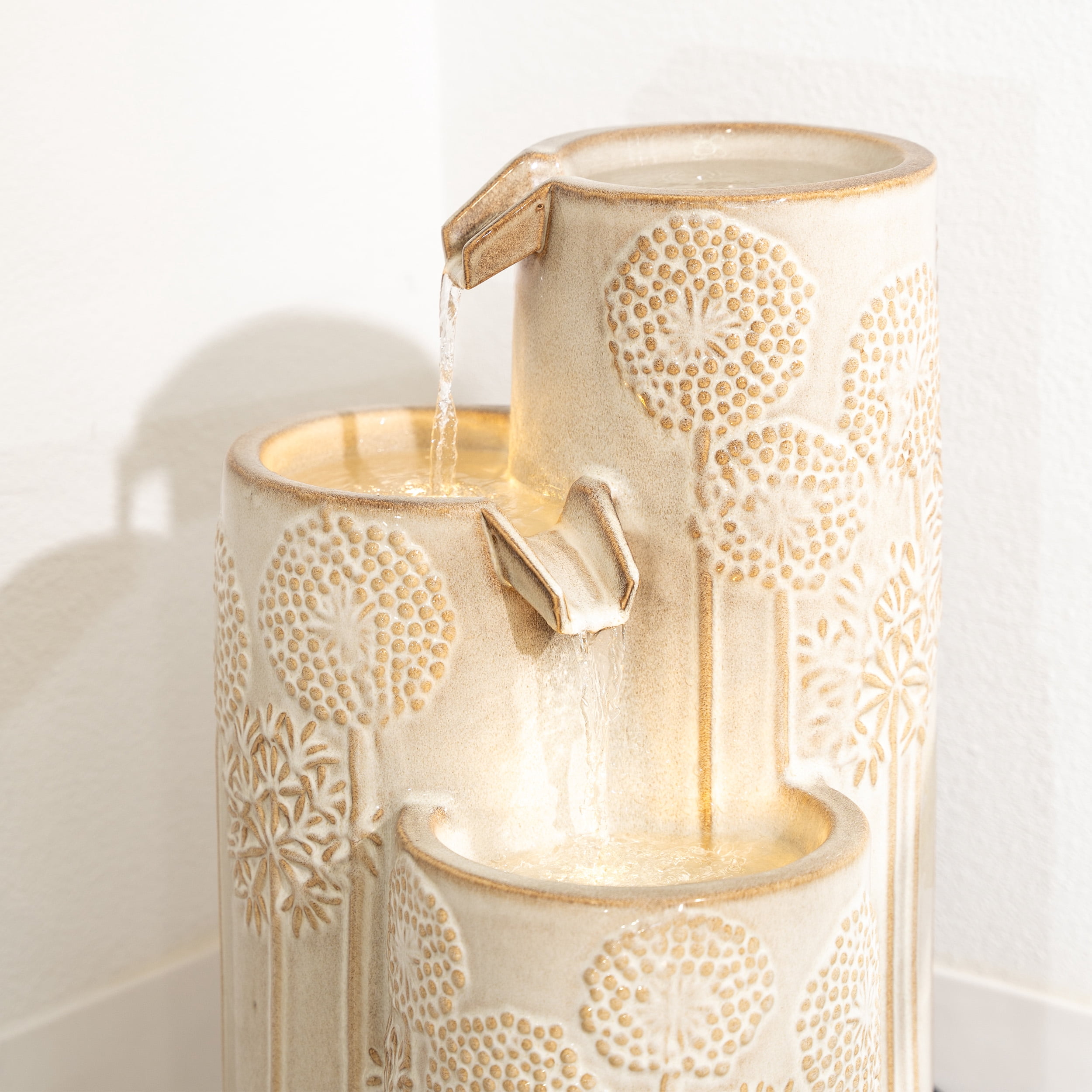 XBrand 25 in H Freestanding Cascadian Outdoor Garden Fountain w/Flower Details & Warm LED Lights, Ceramic, Beige