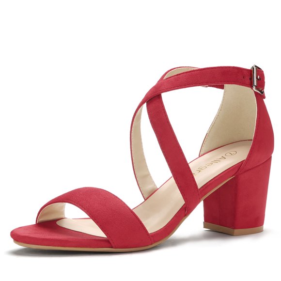 BLISSFUL STEP Women's Solid Color Open Toe Cross Strap Mid Chunky Heel Sandals